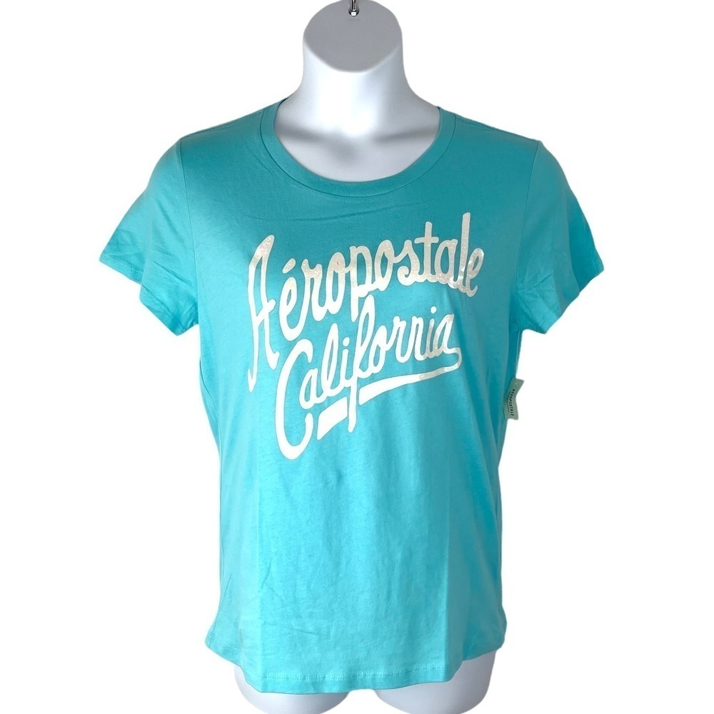 Aeropostale Women's Y2K Teal Holographic Printed Graphic T-shirt